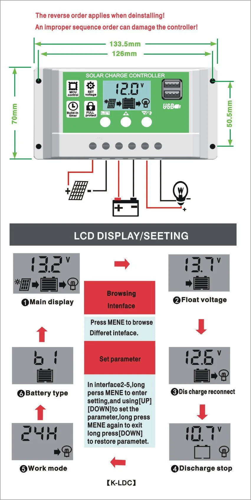 PWM 12V24V 10A20A30A Solar Charge Controller, Proper installation sequence required; controller may be damaged if not followed.