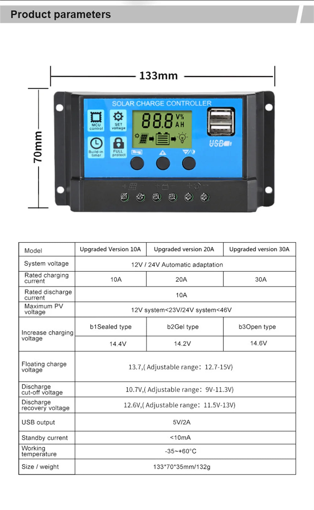 Upgraded 10A 20A 30A Solar Controller, Solar controller with upgraded features for 12V/24V auto solar panel charging, battery regulation and dual USB output.