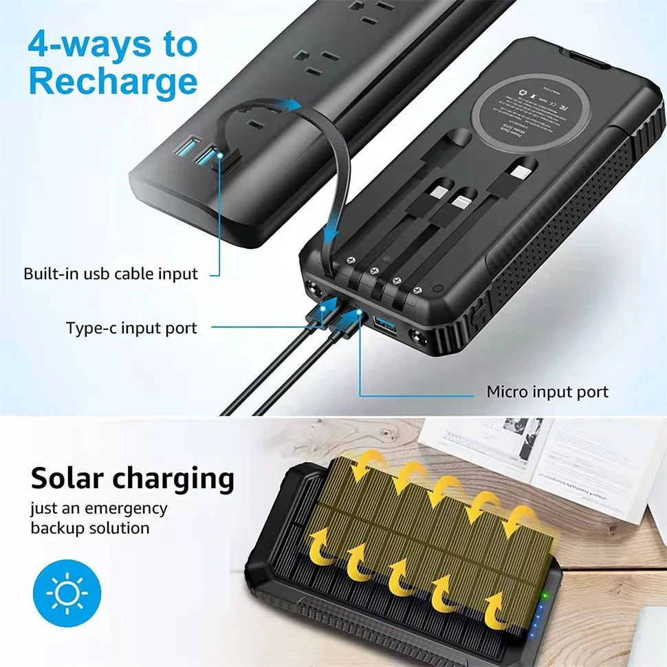 Portable power bank with multiple charging options for emergency use.