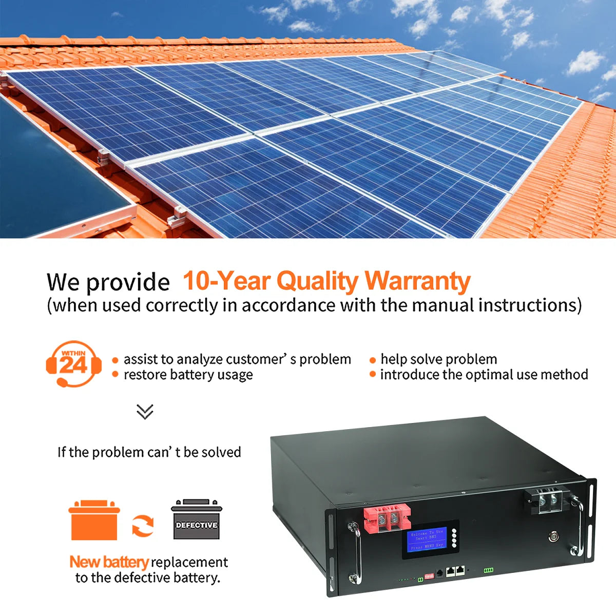 New 48V 100Ah LiFePo4 Battery, Battery warranty: 10-year guarantee with 24/7 support and replacement if issues persist.