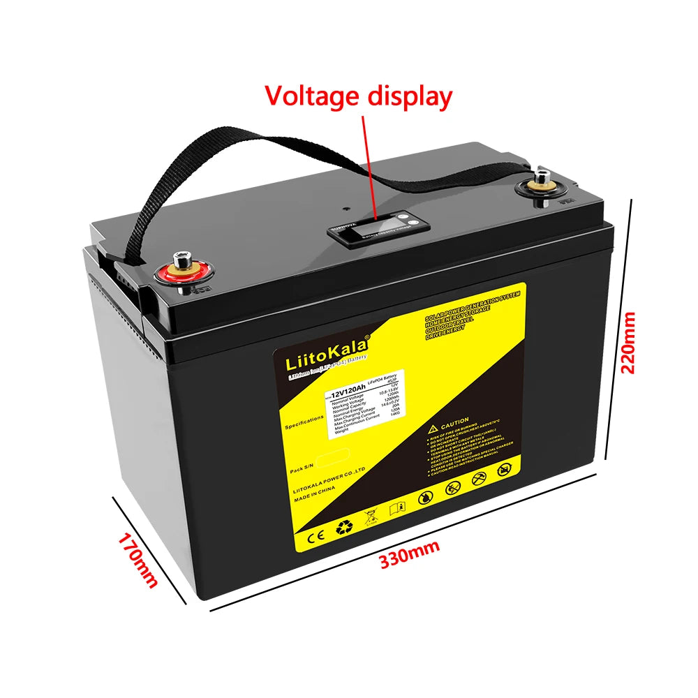 Lithium iron battery pack with 12V voltage and 120Ah capacity for outdoor use in camping or RV applications.