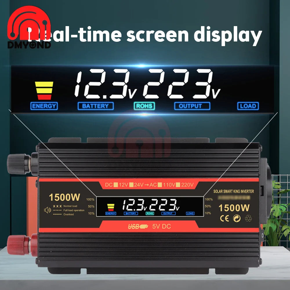 1500W/2000W/2600W Inverter, Inverter converts DC power to AC power with real-time display; suitable for solar-powered systems and car transformers.