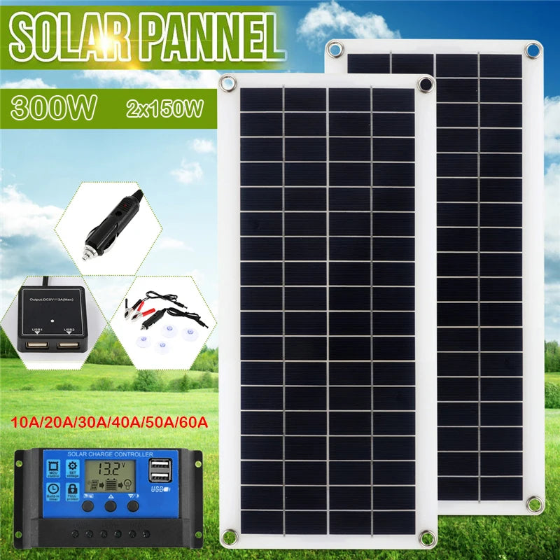 150W 300W Solar Panel, Solar charger kit for 12V batteries, includes controllers, USB ports, and power bank for various uses.