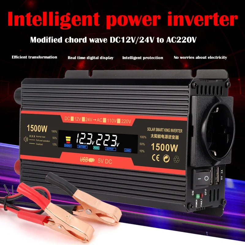 Pure sine wave inverter converts DC power to AC with high power capacity.
