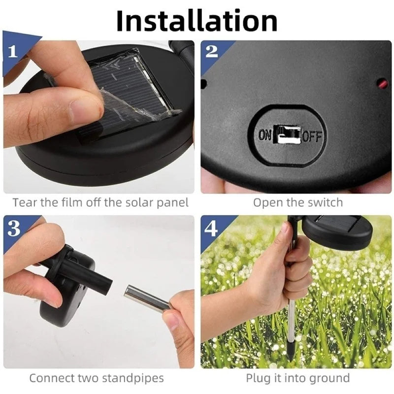 Solar Firework Light, Simple installation: remove backing, connect stakes, and plug into ground.
