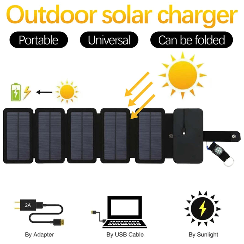 Foldable Solar Panel, Portable solar charger that folds up, charges via USB and sunlight or adapter.