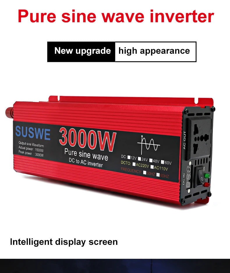 Upgraded pure sine wave inverter with 3000W peak power and intelligent display for solar system and AC applications.