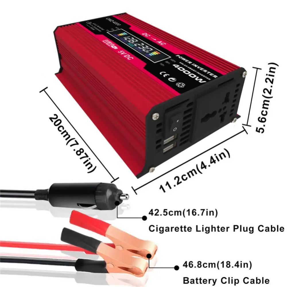 Car Pure Sine Wave Inverter, Portable charger accessories include cigarette lighter cable, battery clip cable, and plug.