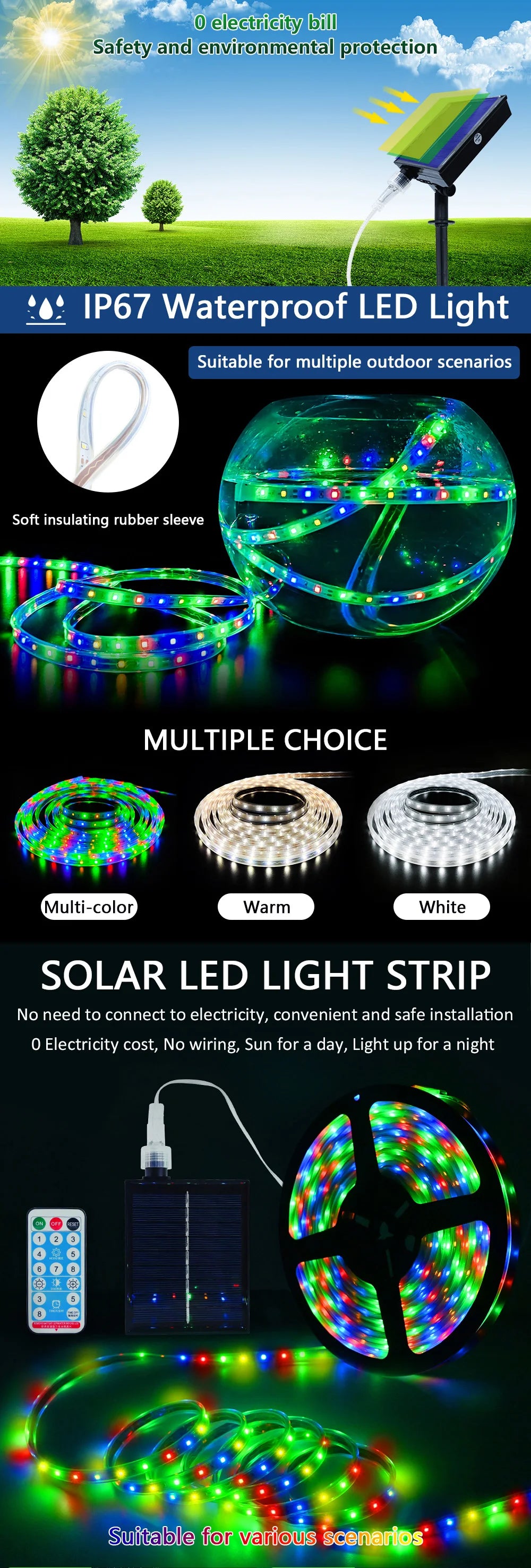 5M/10M Solar LED Strip Light, Sustainable outdoor lighting: Solar-powered LED strip with color modes, waterproof, and eco-friendly