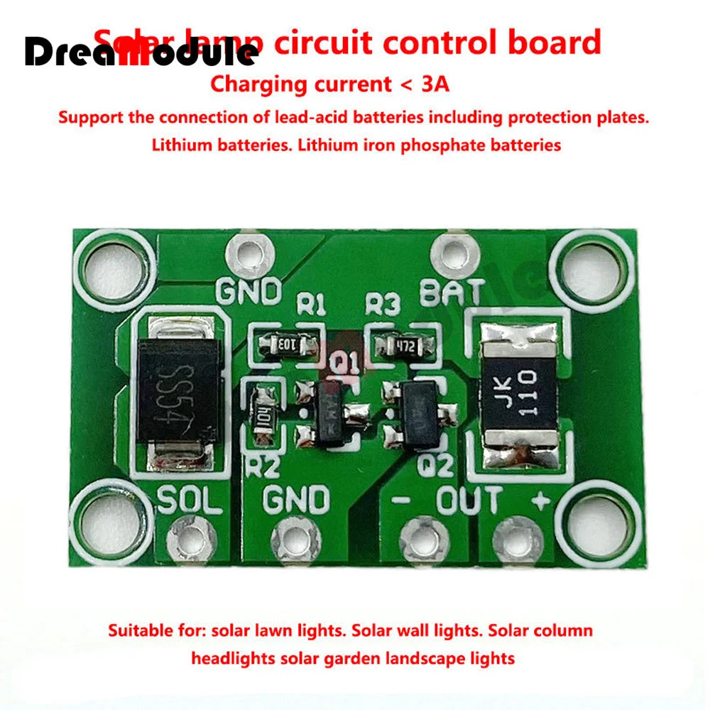 Solar Panel Controller, Controller board for outdoor lighting systems, supports up to 3A charging, compatible with lead-acid and lithium batteries.