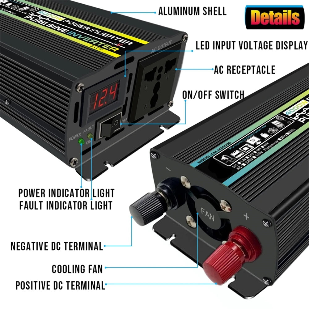 Pure Sine Wave Inverter, Inverter with aluminum shell, LED display and AC receptacle outputs pure sine wave up to 8kW.