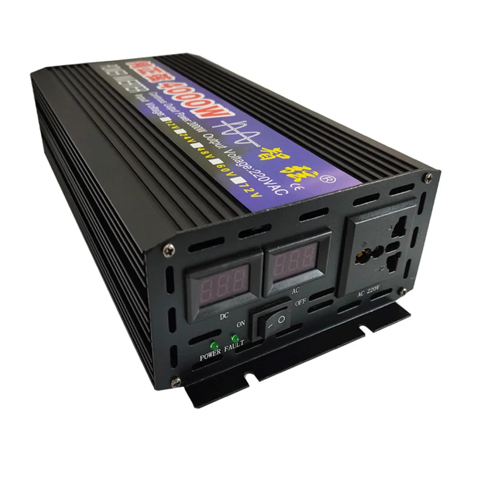 Power inverter converts DC power to pure sine wave AC power for car use.