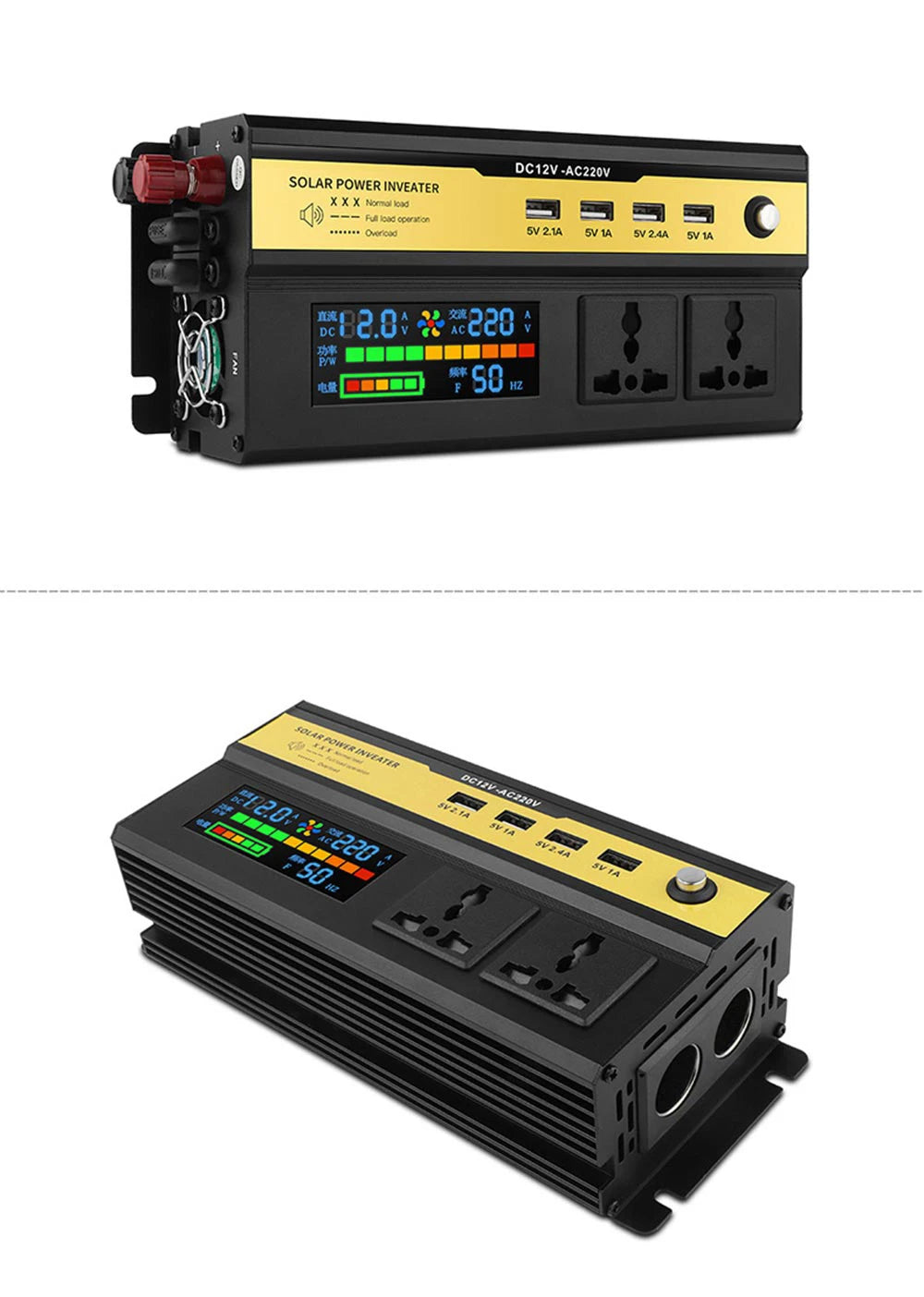 Pure Sine Wave Inverter with modified waveform, suitable for solar power systems and portable power banks.