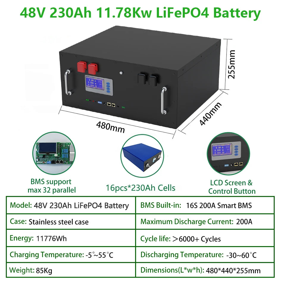 48V 230Ah 200Ah LiFePO4 Battery, 11.78Kw