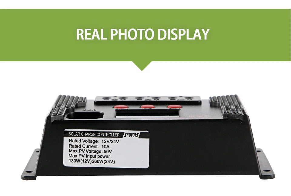 Solar charge controller with PWM tech, 10A cap, 12V/24V compatible, up to 130W (12V) or 260W (24V)