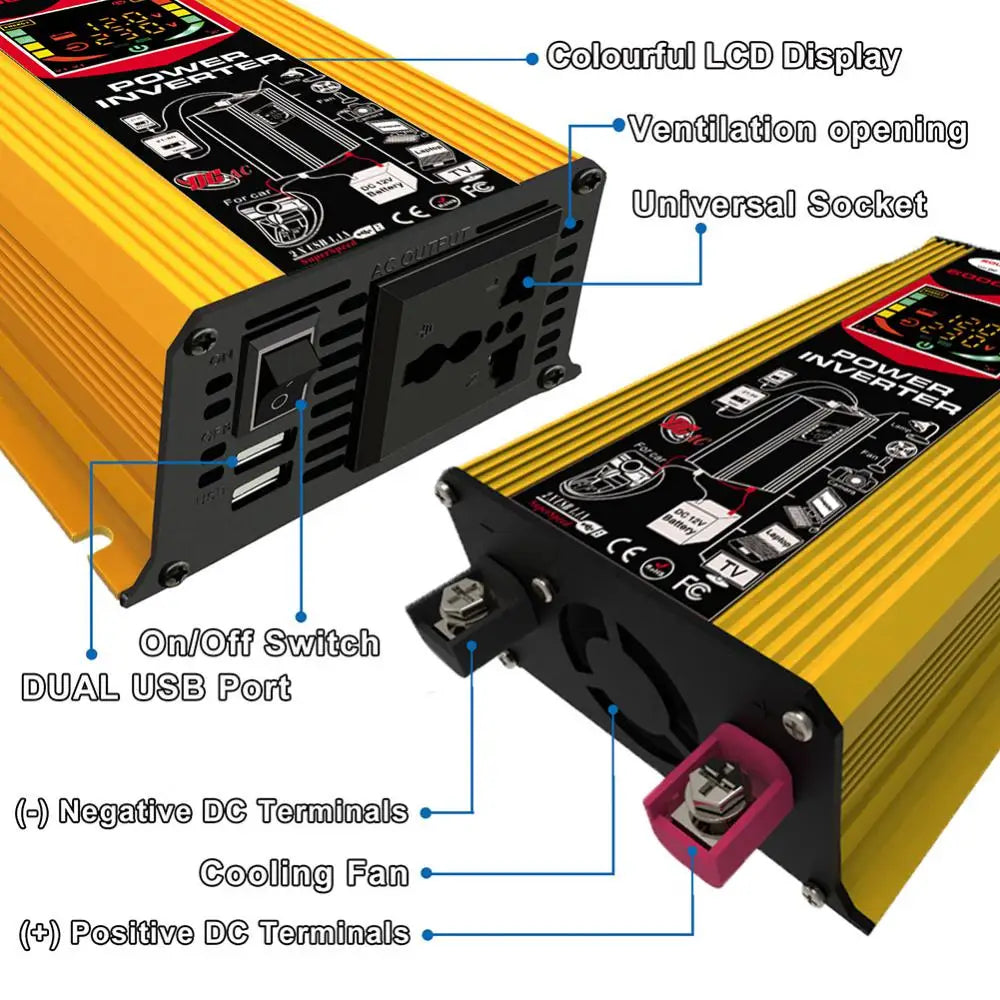 Car inverter converts 12V to 220V with 6000W output, features color display, ventilation, and multiple charging ports.