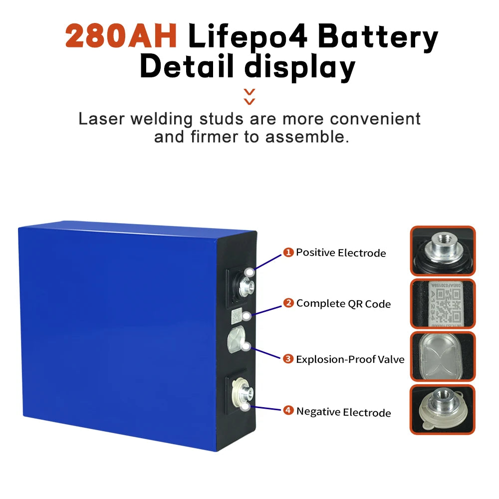 Laser-welded studs ensure secure assembly in this LiFePO4 battery with positive electrode, QR code, and safety features.