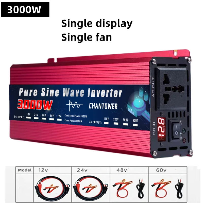 Pure Sine Wave Inverter, Converts 12V DC to 220V AC with high power output, ideal for cars and solar-powered devices.