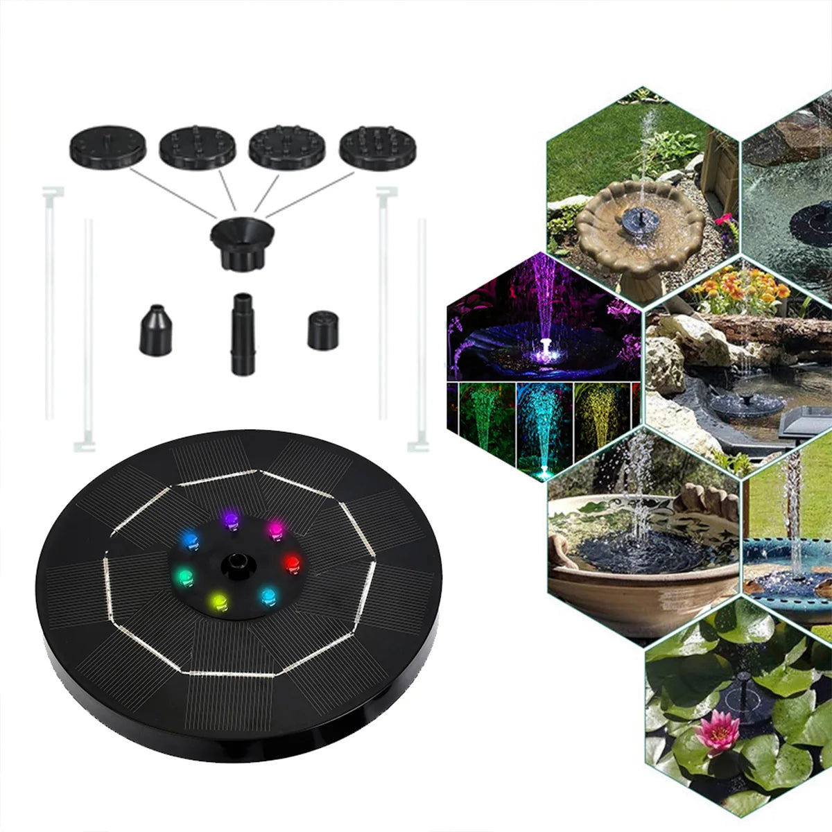 16cm Round Solar Fountain, Adjustable solar-powered pump with nozzles, struts, and anti-dry burn controller for customizable water flow.
