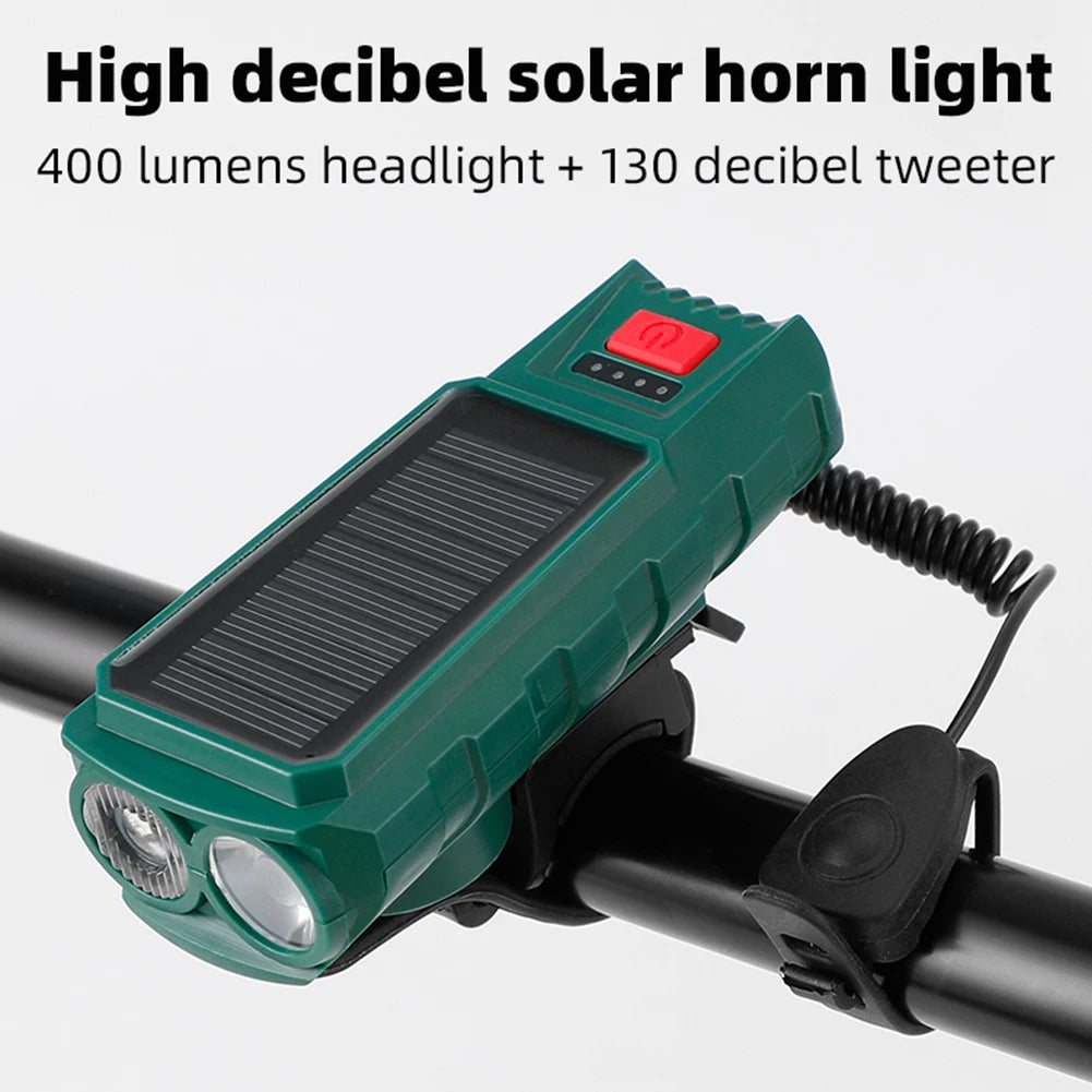 Solar USB Rechargeable Bicycle Headlight, LED headlight with 400 lumens and loud warning sound for enhanced cycling safety in low-light conditions.