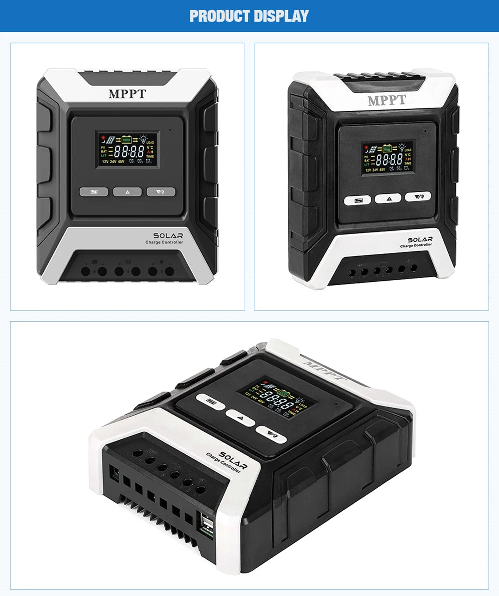 MPPT Solar Charge Controller, Regulates solar power for various battery types, including LiFePo4, lead-acid, and lithium.