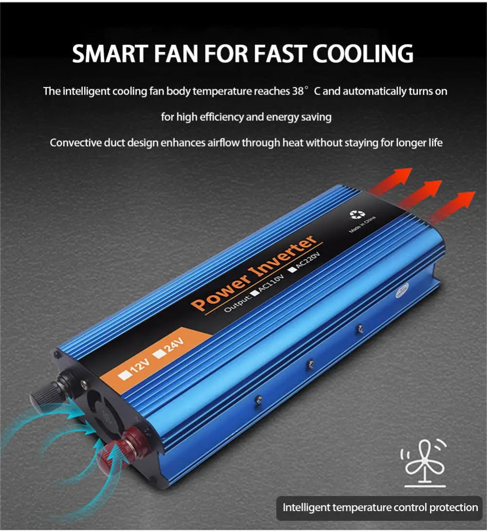 4000w/6000w Pure Sine Inverter, Smart fan for efficient cooling, turns on at 38°C to promote airflow and prolong lifespan.