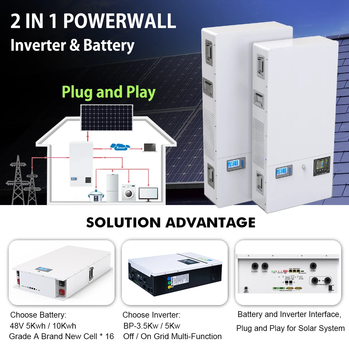 48V 200Ah LiFePO4 Powerwall Battery, Plug-and-play solar solution with battery and inverter for off-grid or grid-tied systems.