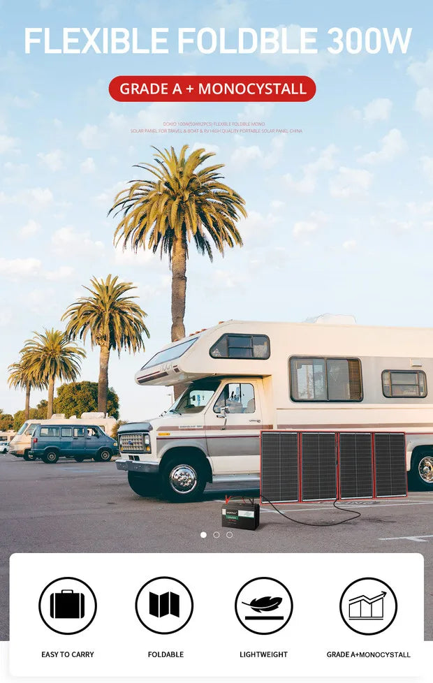 DOKIO 18V 100W 300W Portable Ffolding Solar Panel, Portable solar panel with Grade A+ cells for home or car charging.