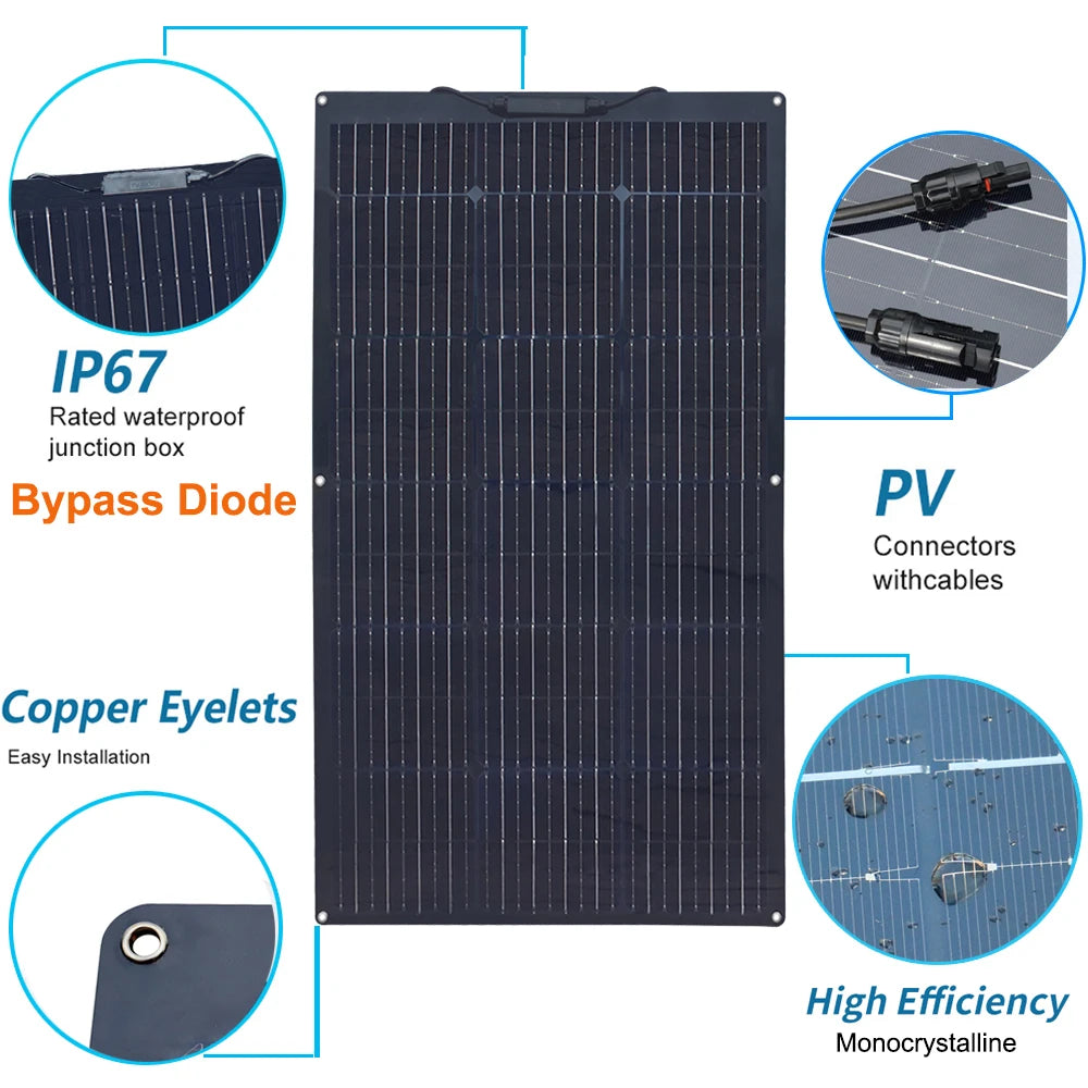 600w 300w 200w flexible solar panel, Waterproof junction box for solar panels: easy install, bypass diodes, and efficient panels with copper connections.