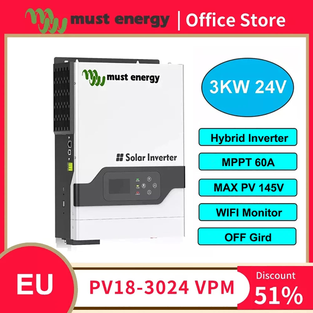 Hybrid inverter converts solar power from 24V to 145V, ideal for off-grid systems.