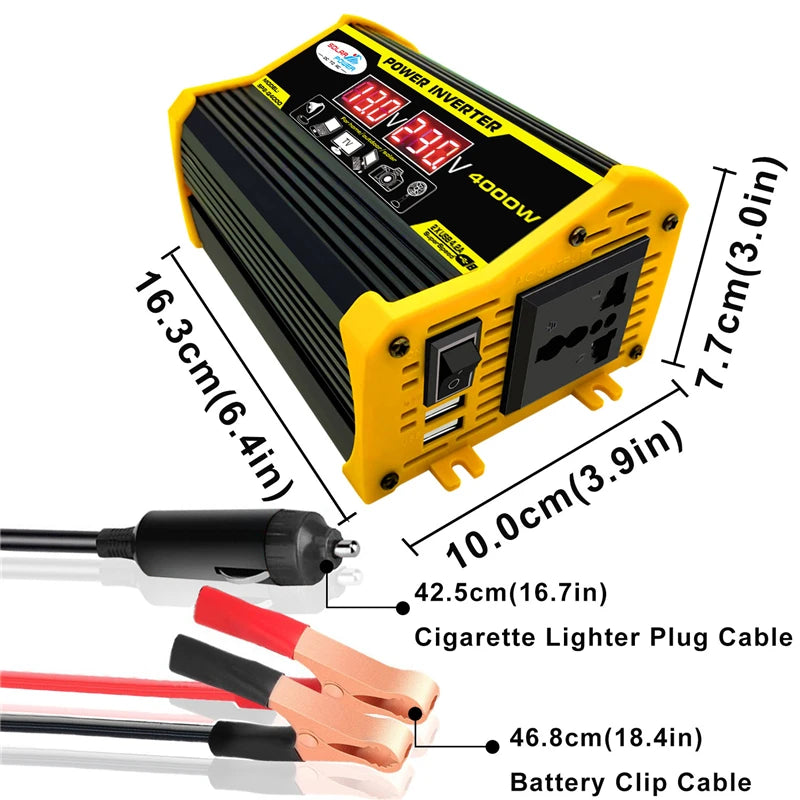 Peak 4000W Power Inverter, Powerful peak 4000W inverter with modified sine wave for solar panels, electric cars, and USB fast charging.