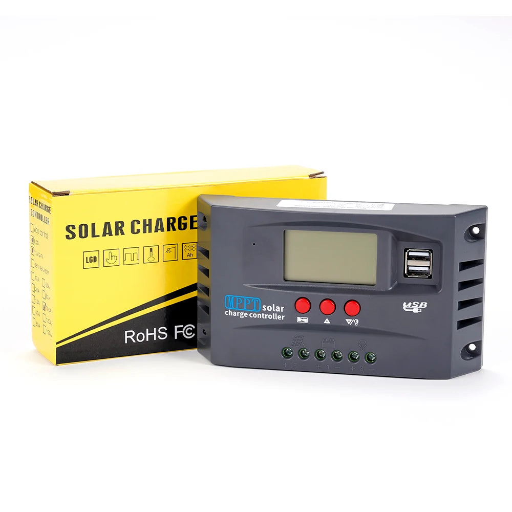 MPPT solar charge controller with color display for various battery types, handling currents up to 100A.