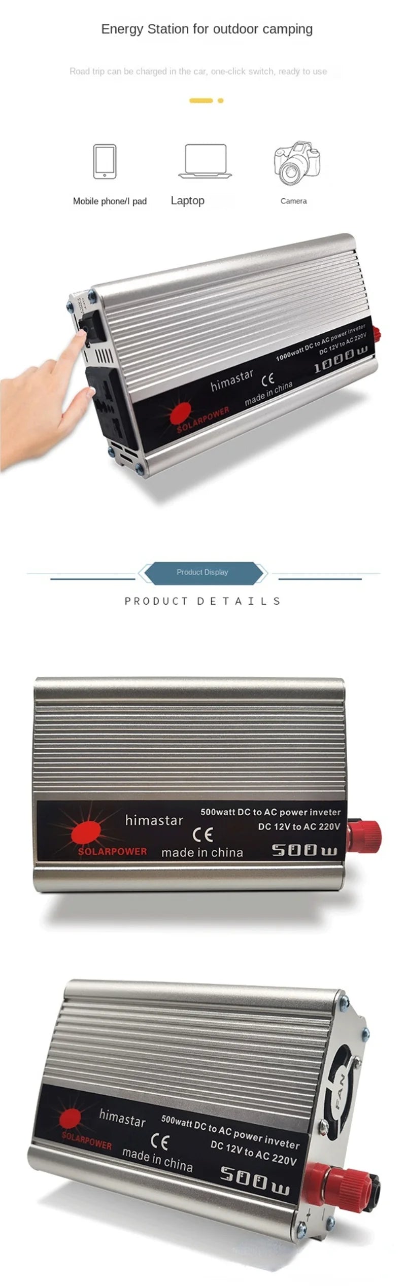 Portable inverter for charging devices on-the-go, converts DC to AC power (12V-220V)