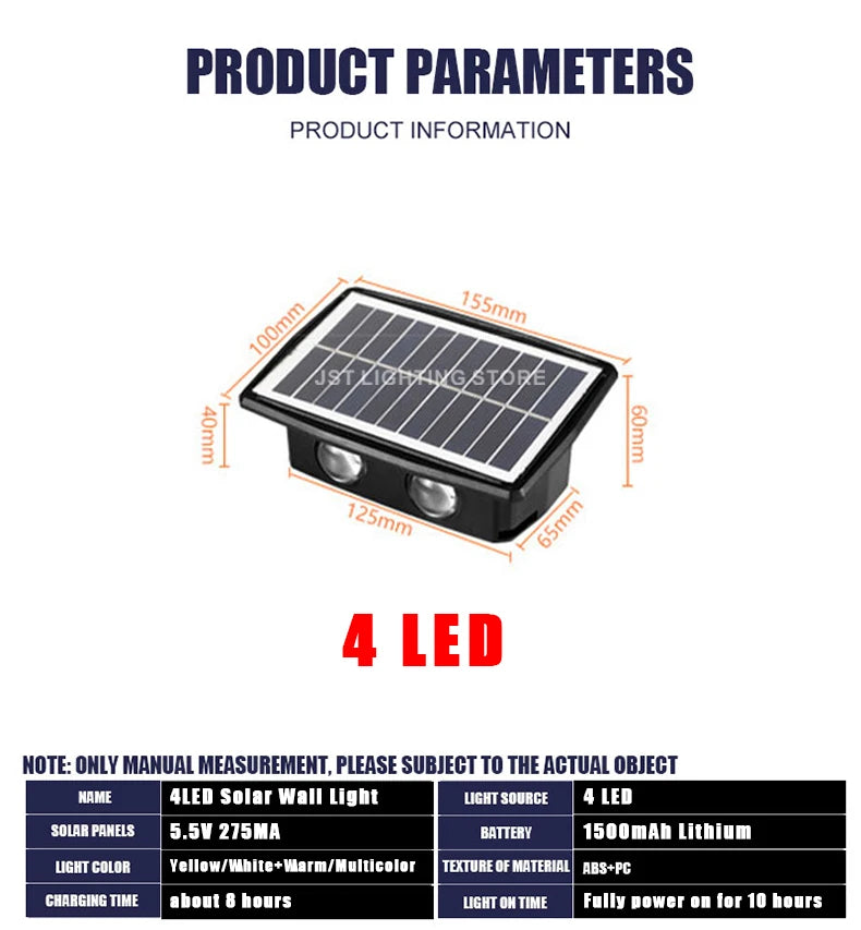 Solar LED Wall Light, Waterproof solar-powered lamp for outdoor use, providing strong brightness and perfect for gardens, villas, or terraces.