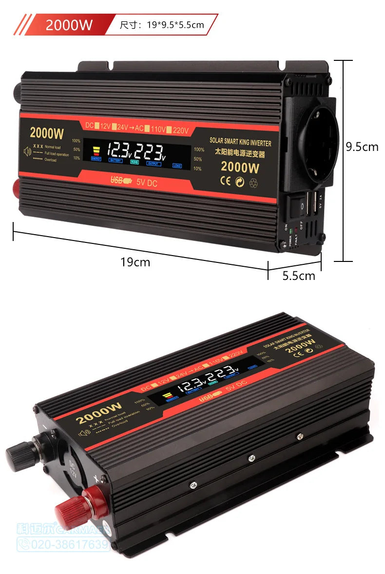 Pure Sine Wave Inverter, Portable power converter for cars and solar panels, converting DC to AC with adjustable wattage up to 3000W.