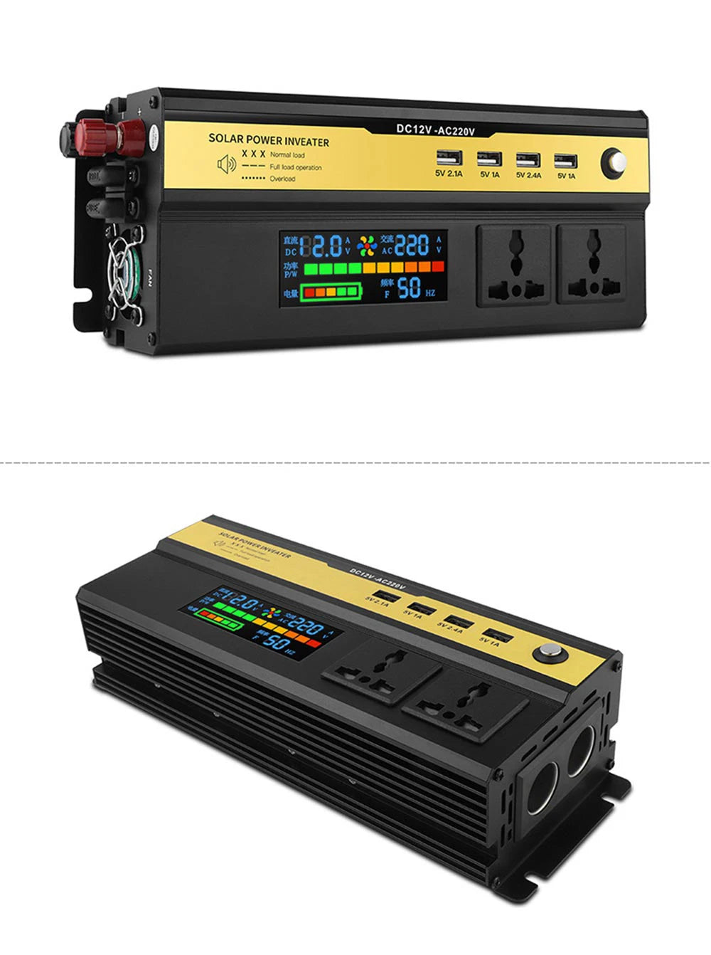 Modified sine wave inverter converts DC 12V to AC 220V with 3000-6000W output power and various safety features.