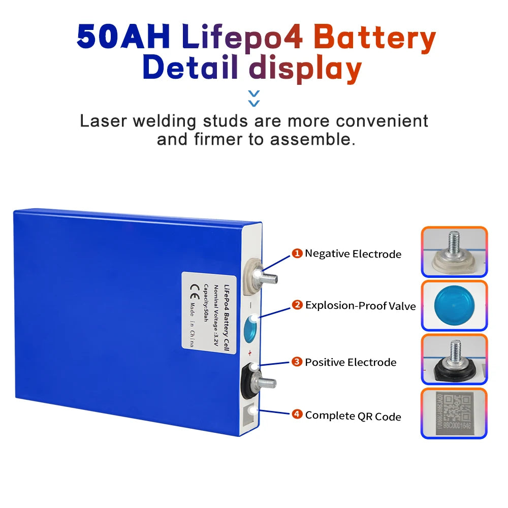 3.2V 50AH Lifepo4 Battery, Laser-welded studs for easy assembly, explosion-proof valve, and QR code with product info.