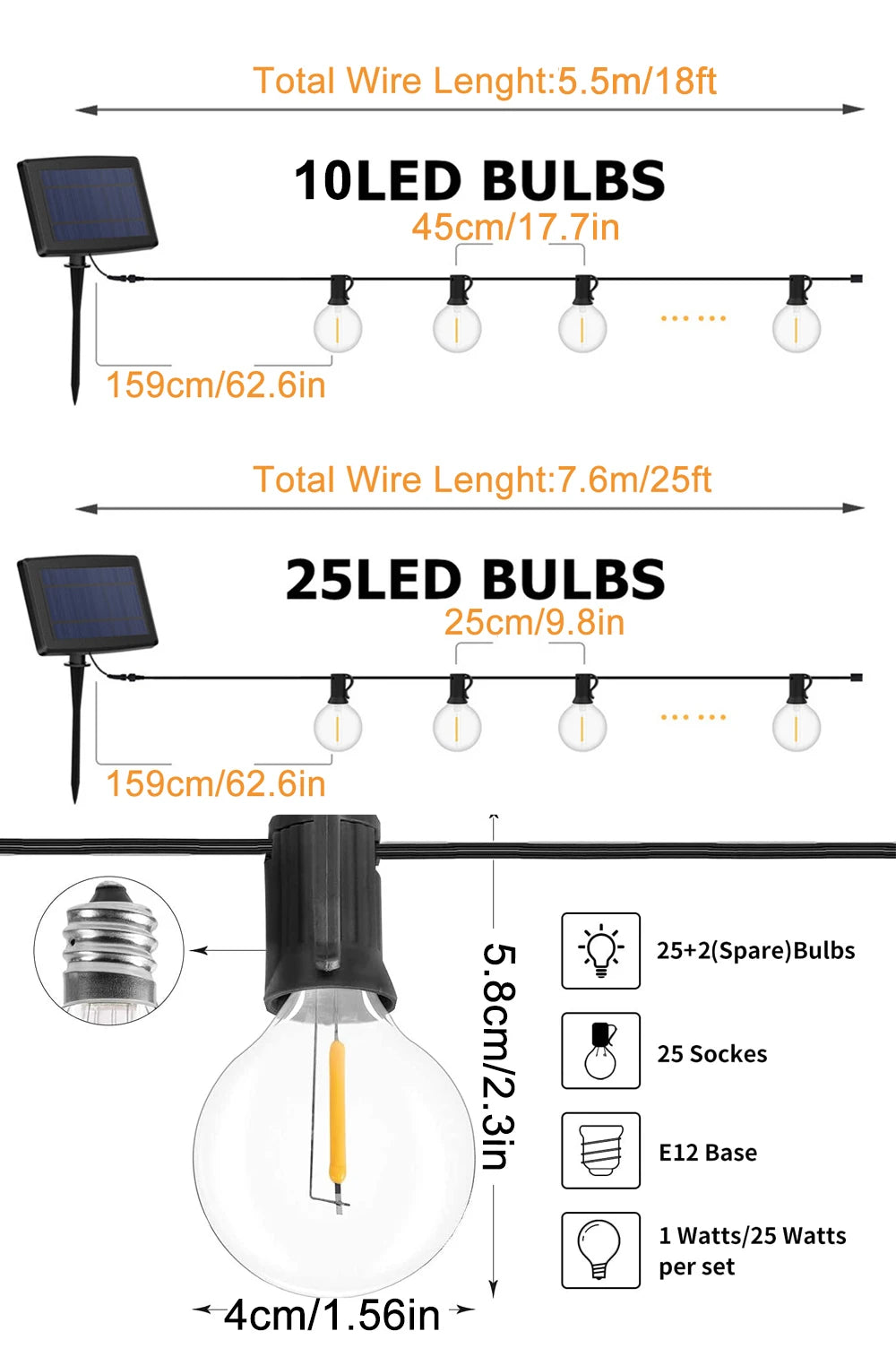 Solar Led Light, Solar-powered string lights with G40 bulbs, waterproof and perfect for outdoor garden decoration, country house, or street garland.