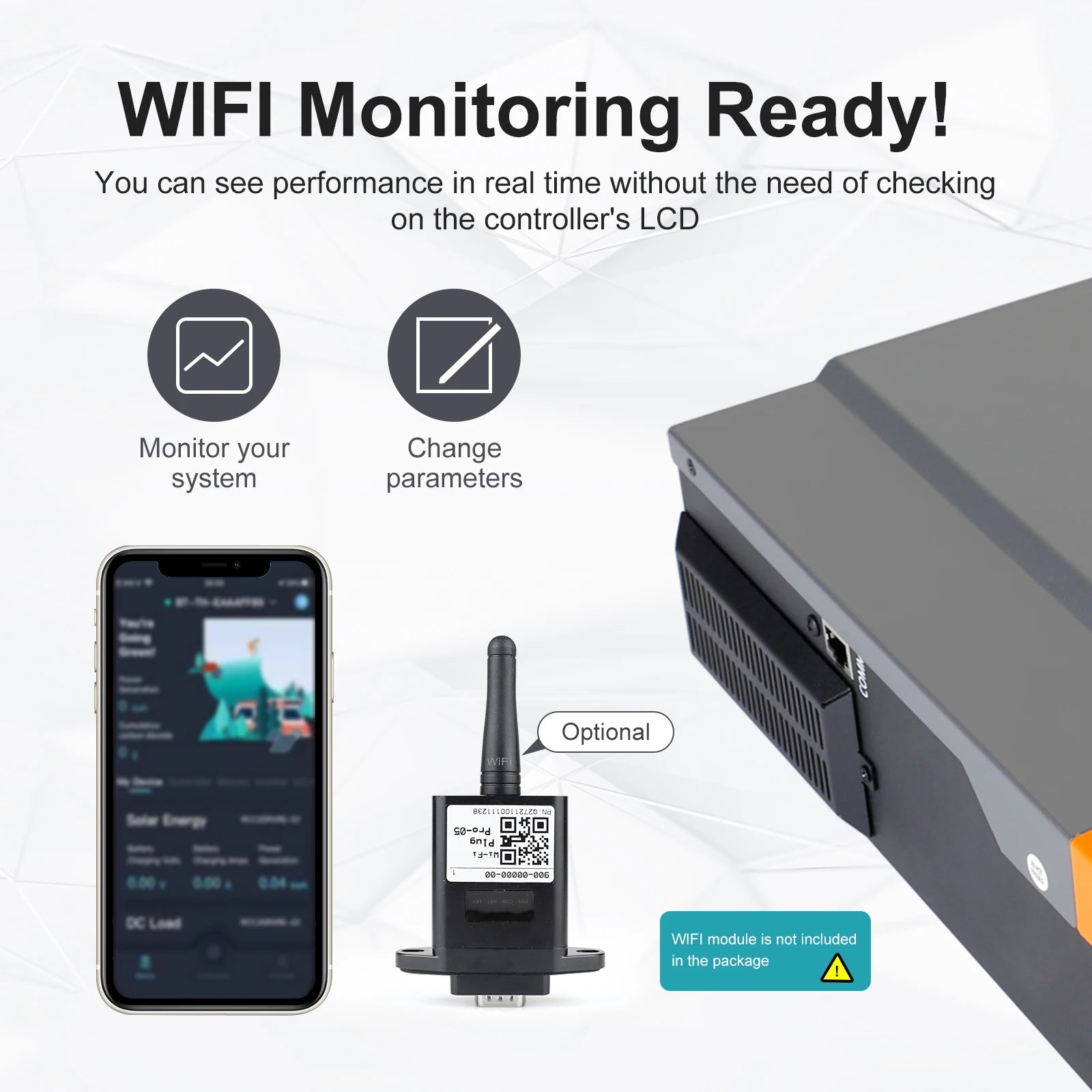 PowMr Hybrid Solar Inverter, Real-time system monitoring via WiFi, no LCD required, adjust settings instantly.