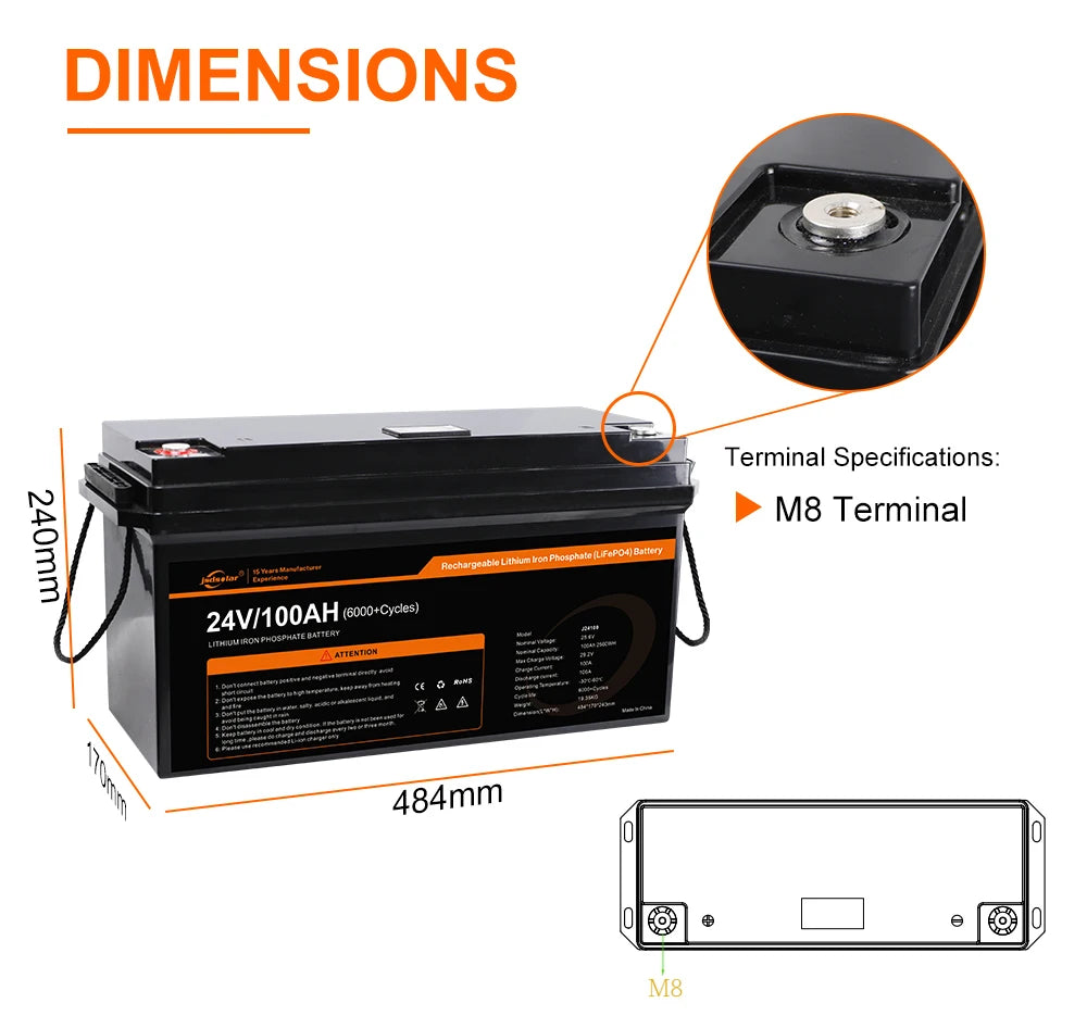 Dimensions: M8 terminals, 0.484mm. Noticeable features: Lithium-ion phosphate battery for solar boats.