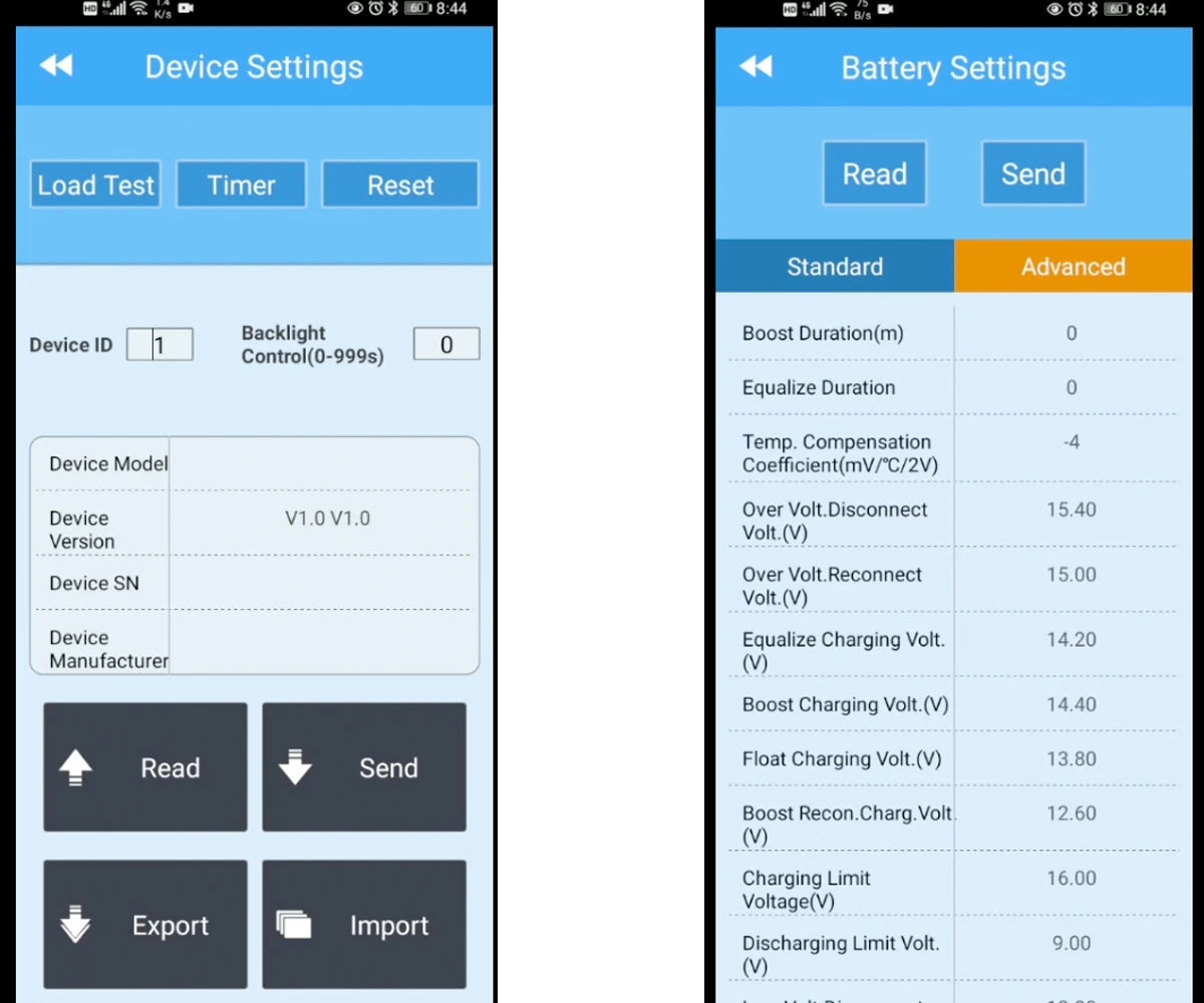 10A MPPT Solar Charge Controller, Battery settings and device specifications for charging, equalizing, and discharging.