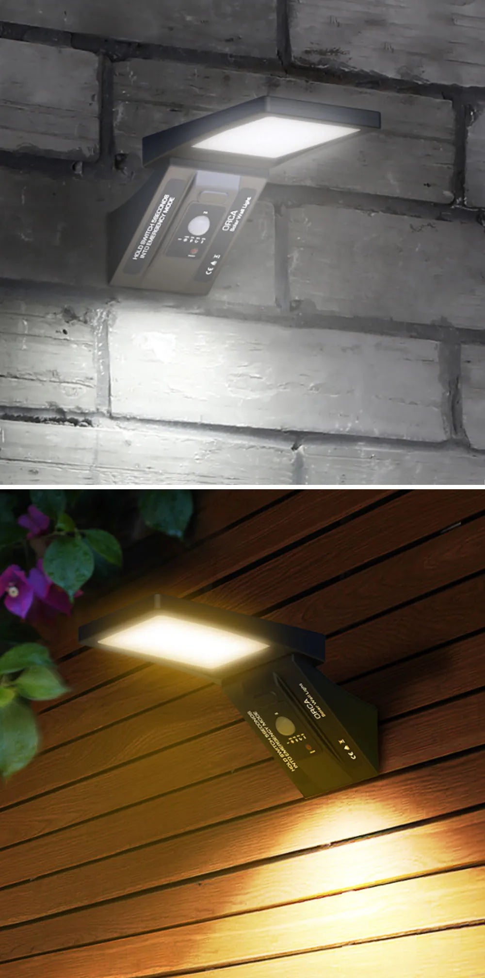 LED Outdoor Solar Wall Light, Solar-powered wall light with detection range up to 10M, adjustable modes, and color temperature control.