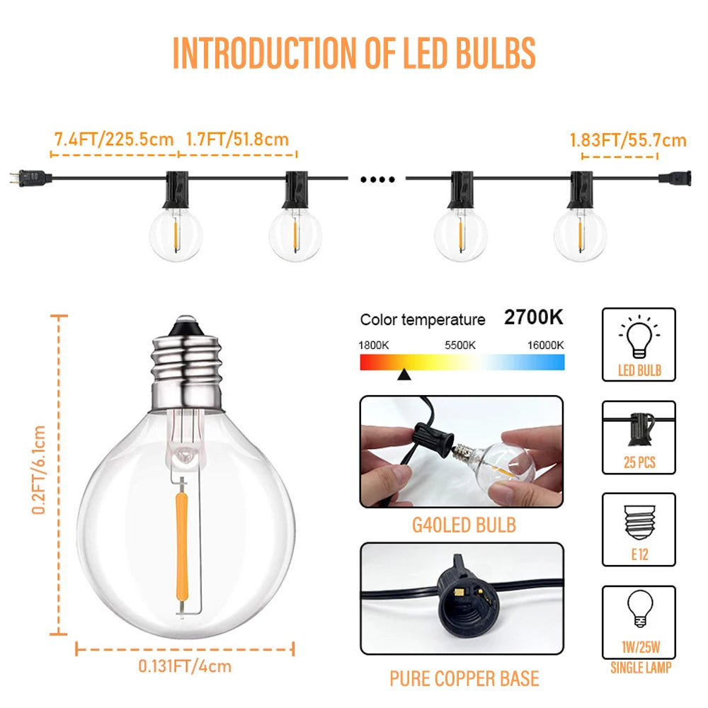 50FT LED G40 Ball String Light, LED bulbs in warm, soft, daylight, and cool white temperatures, featuring pure copper bases.