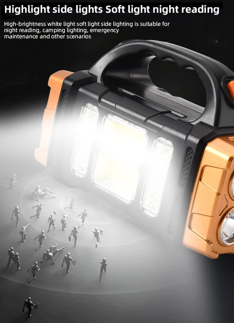 Portable Powerful Solar LED Flashlight, Multifunctional LED light with soft, bright, and side lighting for various uses.