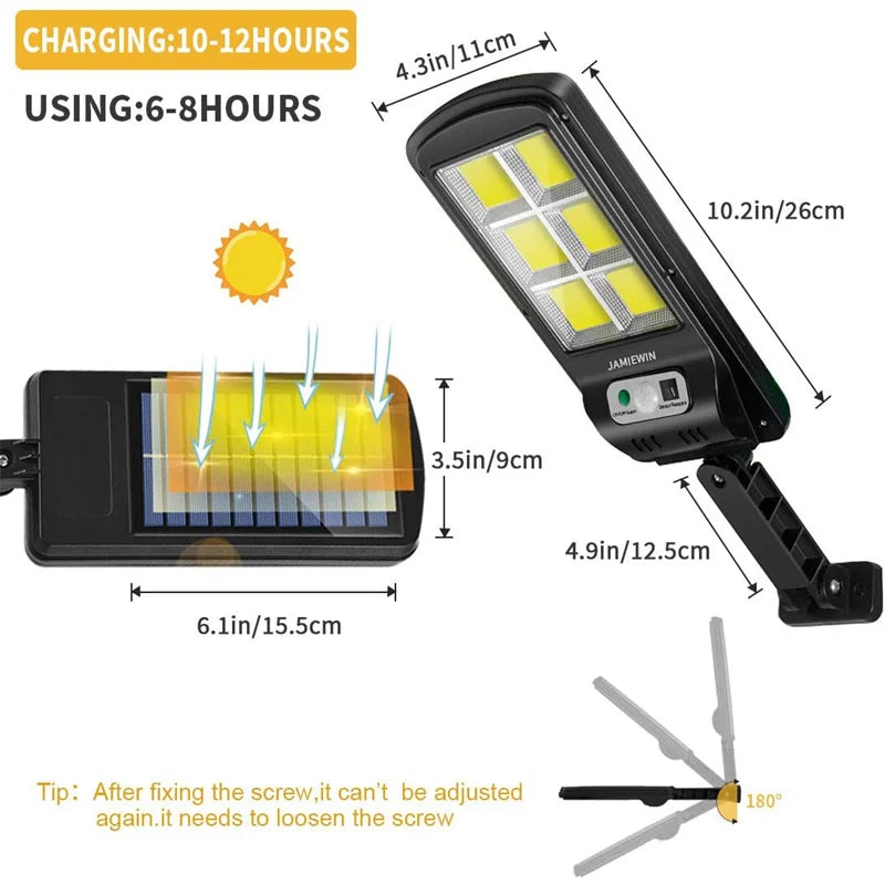 Solar Street Light, Charge time 10-12 hours, usage 6-8 hours, dimensions 26cmx9cmx15cm, screw adjustment requires loosening before tightening.