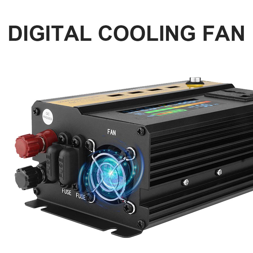 Pure sine wave inverter converts DC power to AC, with USB charging and 3000W/6000W output.