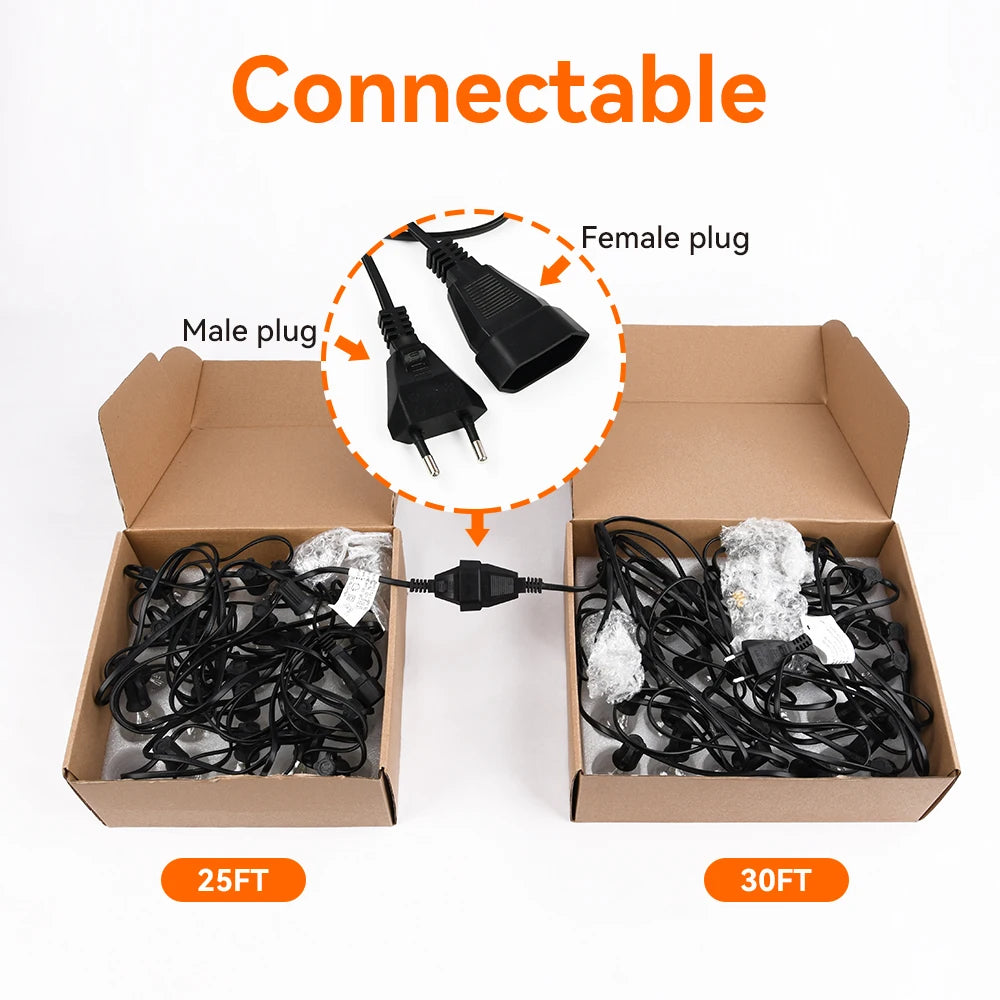 Outdoor String Light, Connectable plugs for 25-30 ft string lights with easy male/female connections.