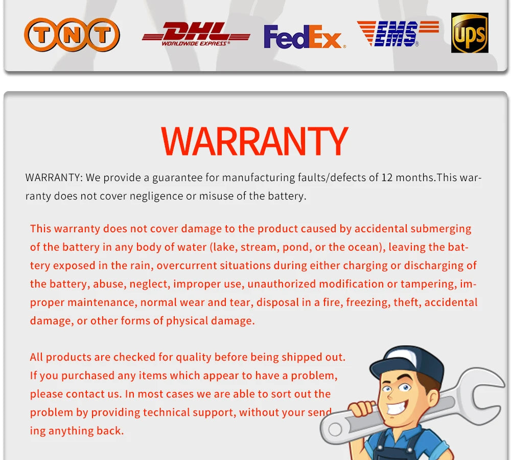 12-month warranty against manufacturing defects; excludes negligence, misuse, and accidental damage.