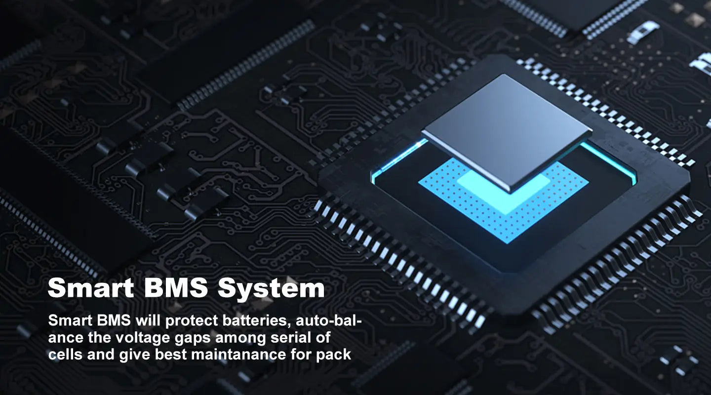CERRNSS 48V 100Ah LiFePO4 Lithium Battery, Smart BMS system ensures battery protection, balances voltage gaps, and optimizes pack performance.