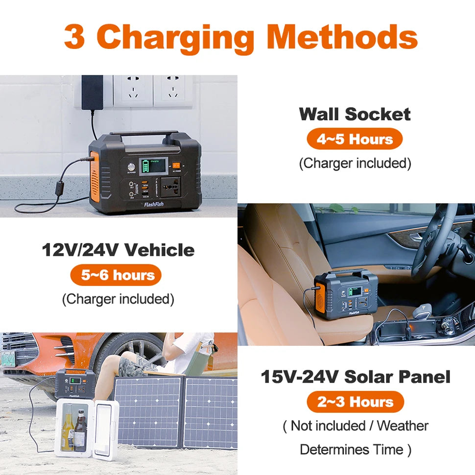 Charging options: wall socket, car outlet, or solar panel; weather affects speed.